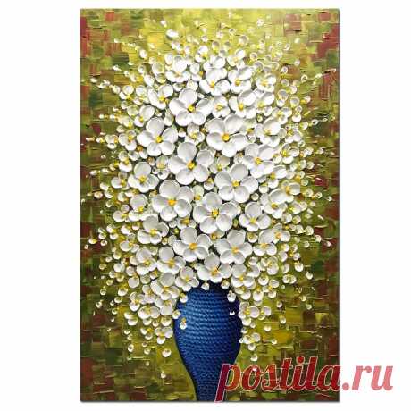 Handmade Original 3D White Flower in Blue Vase Vertical Oil Paintings – AsdamArt