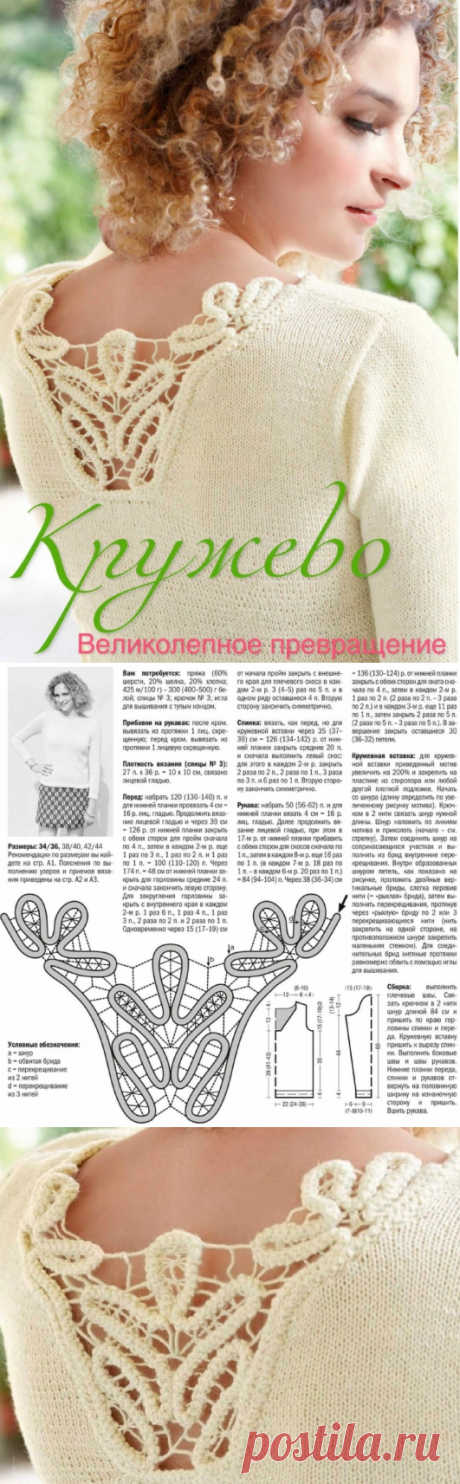 Простой пуловер спицами с ажурной вставкой