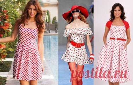 Модные фасоны платьев в горох. Модное платье в красный, белый, черный, синий горошек