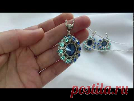 Серьги и кулон из бисера с кристаллами сваровски, серебряные серьги с жемчугом, синие бирюзовые серьги. Комплект украшений ручной работы. Изящный кулон с кри...