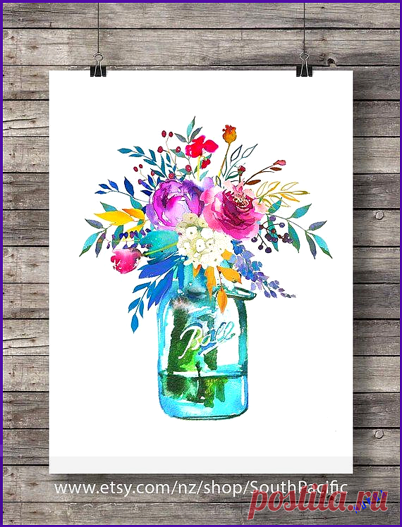 Watercolor Flowers Mason Jar Printable Art Watercolor Kerr Ball Jar 73F