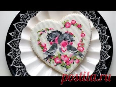 Birds in Love ❤️.. Valentine's Day Cookie. Cross Stitch technique.