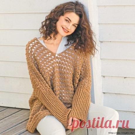 Несложный в работе просторный сетчатый пуловер – идеальная неформальная модель!

РАЗМЕРЫ
Единый
 

РАЗМЕРЫ
Вам потребуется: пряжа (48% овечьей шерсти, 30% шерсти альпака, 22% полиамида; 240 м/50 г) – 400 г золотисто-коричневой; крючок № 5.

ВЫПОЛНЕНИЕ РАБОТЫ
 

ОСНОВНОЙ УЗОР
Число наборных петель кратно 4 + 1. Вязать по схеме. Начать с петель перед раппортом, раппорт постоянно повторять, закончить петлями после раппорта. С 1-го по 3-й ряд связать 1 раз, затем 2-й + 3-й ряд...
