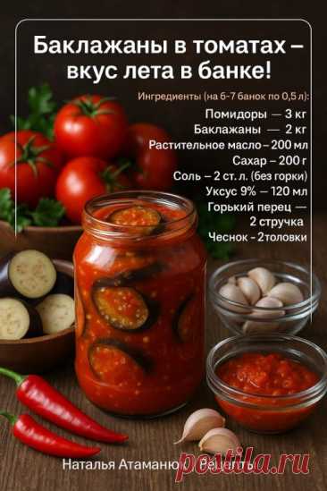 Баклажаны в томатах — вкус лета в банке!

Ингредиенты (на 6–7 банок по 0,5 л):
Помидоры — 3 кг
Баклажаны — 2 кг
Растительное масло — 200 мл
Сахар — 200 г
Соль — 2 ст. л. (без горки)
Уксус 9% — 120 мл
Горький перец — 2 стручка
Чеснок — 2 головки