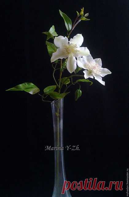 Купить Клематис из полимерной глины - салатовый, клематис, интерьерная композиция, цветы ручной работы