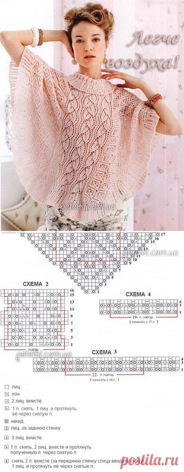 Нежное ажурное пончо спицами. Описание, схема вязания