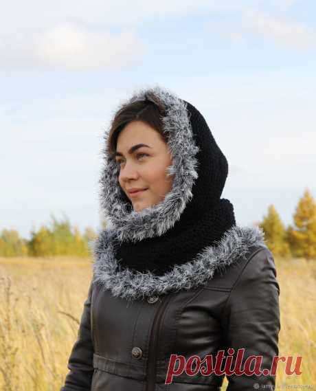 Купить Чёрная шерстяная шапка-капюшон  с опушкой в интернет магазине на Ярмарке Мастеров Купить или заказать Чёрная шерстяная шапка-капюшон  с опушкой в интернет магазине на Ярмарке Мастеров. С доставкой по России и СНГ. Материалы: меринос, меринос 100%, мериносовая&hellip;. Размер: на любой размер