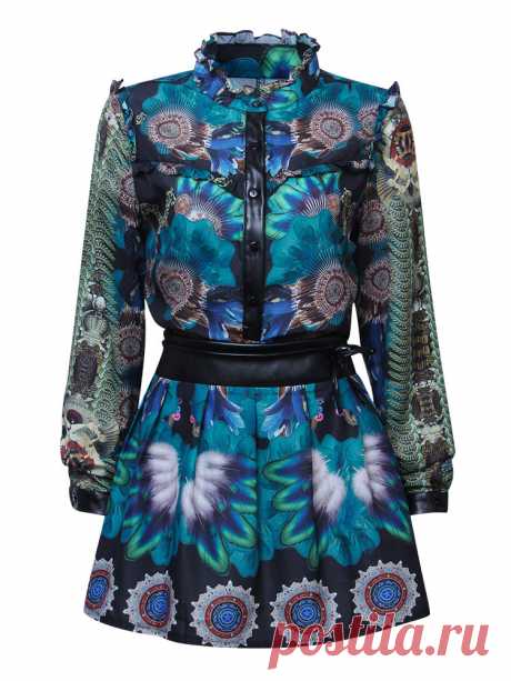 Women Vintage Sexy Printed Long Sleeve Stand Collar Dress Online - NewChic
