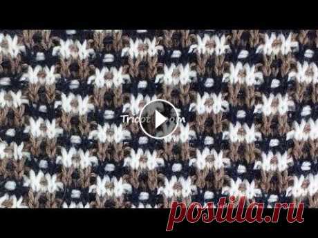 Горные цветы / Ленивый жаккард / Вязание спицами. Узор вяжется 3-мя цветами пряжи: белый, черный и темный серо-коричневый.