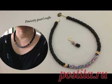 How to make seed bead rope necklace set/Black beads tubular rope necklace tutorial/Rope bracelet