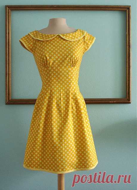 peter pan collar dress with cap sleeves in Yellow polka dot - MARIE S…