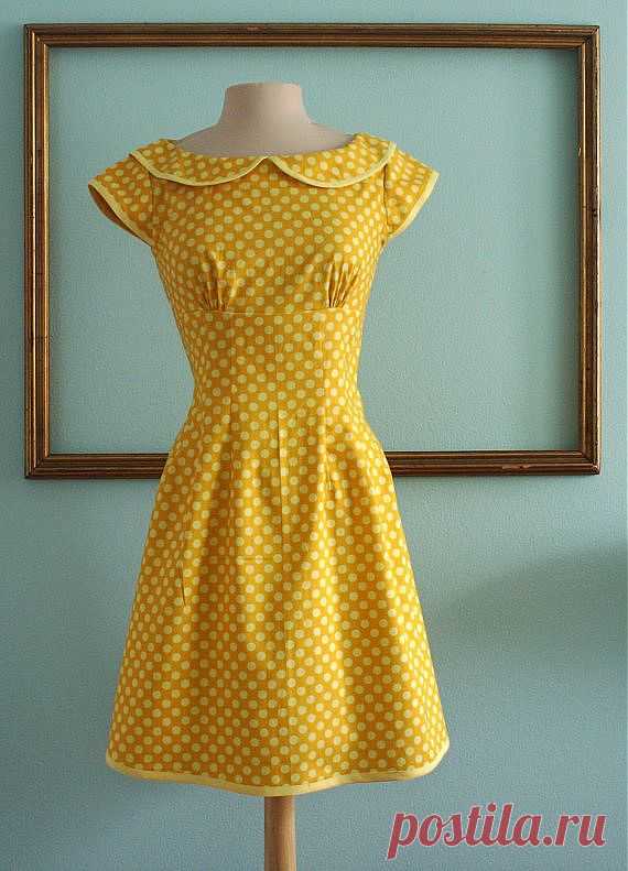 peter pan collar dress with cap sleeves in Yellow polka dot - MARIE S…