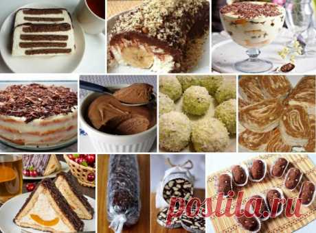 ТОП-10 крутых десертов без выпекания
 
🍰 1. Тортик без выпечки &quot;Полосатый&quot; 
 
ИНГРЕДИЕНТЫ: 
● Печенье (шоколадное) — 300 г 
● Творог — 2 пач. 
● Сметана — 300-400 г 
● Сахар — 150-200 г 
● Желатин — 20 г 
● Шоколад (можно без него) — 1 шт 
 
ПРИГОТОВЛЕНИЕ: 
1. Сначала я замочила желатин в 50 г холодной кипяченой воды и оставила его на 40 мин.