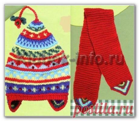 Вязание спицами для детей. Комплект с жаккардовым узором: цветная шапочка и однотонный шарф