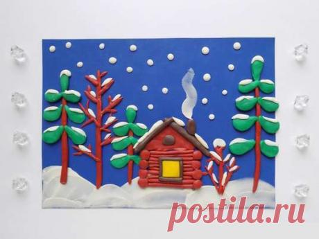 Аппликация с детьми "Зимний пейзаж" из пластилина