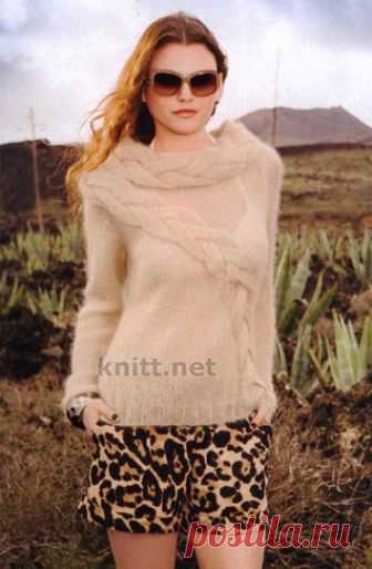 Пуловер спицами с объемными косами Пуловер спицами узором коса по диагонали и как окантовка по вороту
