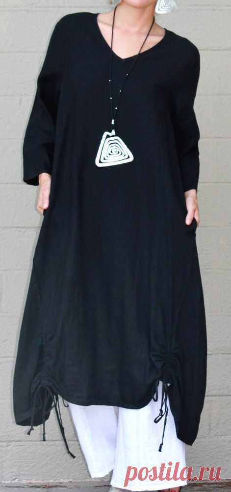 ET'LOIS USA  Linen  VENUS TUNIC  Long Drawstring Detail Dress  S M L XL  BLACK #ETLOIS #Tunic #Casual