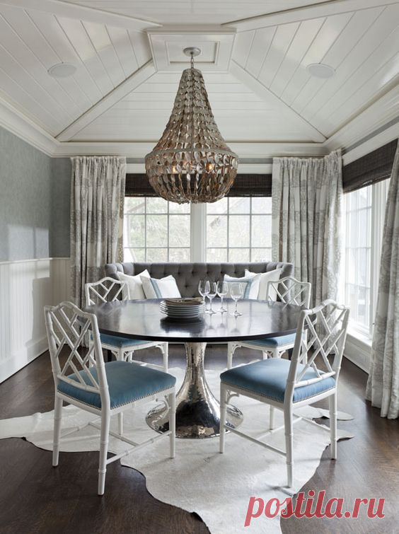 (82) White chairs, solid cushion. round table in the dining room with chandelier. home decor and interior decorating ideas