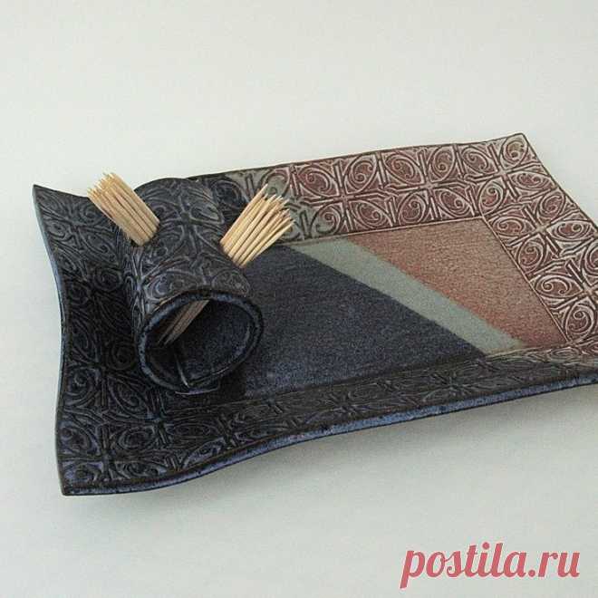 Dark Blue and White Textured Tin Roof Handmade Ceramic Pottery Appetizer Serving…