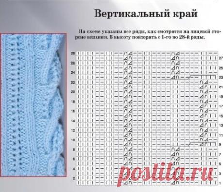 КРАСИВЫЙ ВЕРТИКАЛЬНЫЙ КРАЙ ИЗДЕЛИЯ ДЛЯ КАРДИГАНА,СНУДА И Т.Д.
Условные обозначения: вертикальная штриховка - лиц. петля,горизонтальная
 - изнаночная петля. Дуга - накид. Треугольник - 2 петли вместе лицевой.
 Зигзаг - 6 петель оставить на вспомогательной спице за работой,6 
лицевых,затем провязать 6 петель лицевыми со вспомогательной спицы.
ОБРАТИТЕ ВНИМАНИЕ! В схеме даны лицевые и изнаночные ряды..