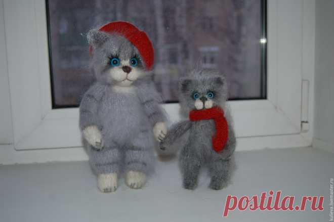 Купить Вязаная кошка с котенком. - серый, кот, кошка, котенок, вязаная игрушка, вязаный кот