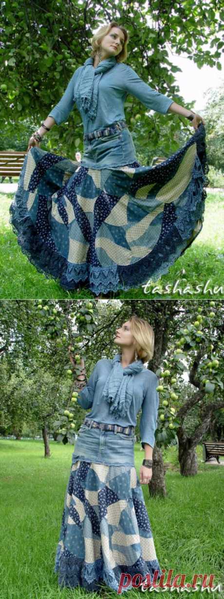 Создаем «кривое» лоскутное полотно и шьем «бохо» юбку из старых джинсов - Рукоделие - Моя копилочка