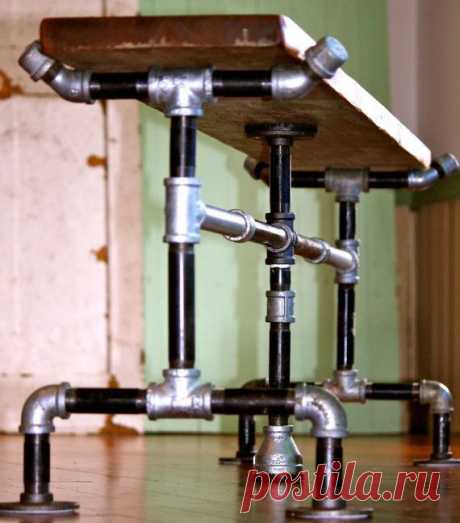Bench, Reclaimed Wood, Galvanized &amp; Black Pipe, Green Paint
