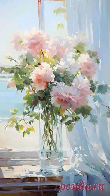 a painting of flowers in a vase on a window sill