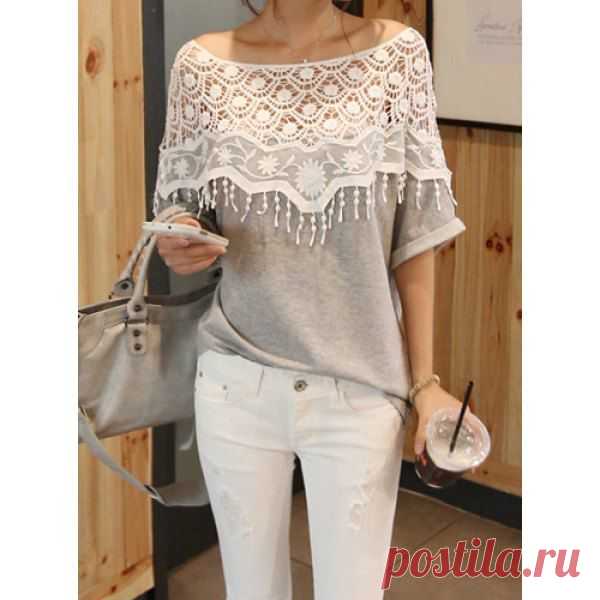 Lace Cutout Shirt Women Handmade Crochet Cape Collar Batwing Sleeve T-shirt, GRAY, ONE SIZE in Tees & T-Shirts | DressLily.com