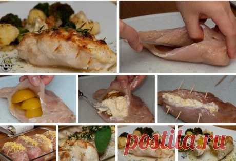 ФАРШИРОВАННЫЕ КУРИНЫЕ ГРУДКИ

Ингредиенты:
- 4 куриных грудки
- 240 г консервированных абрикосов (можно персиков не принципиально)
- 100-150 г твердого сыра (у меня гауда средней выдержки)
- 2 зубчика чеснока
- 2-3 ст.л. сметаны
- соль, специи по вкусу
- тертый пармезан (факультативно)

Приготовление:
1. Вырезать ножом сбоку куриного филе карманчик и наполнить абрикосами. Снаружи натереть солью.
2. Я кладу около трех половинок абрикосов на одно филе.
3. На мелкой терке нат...