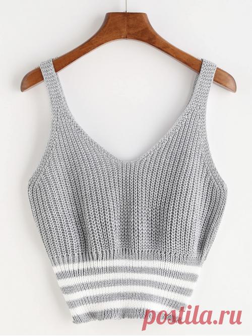 Casual Cami Striped Slim Fit Straps Grey Crop Length Marled Knit Double V Neck Striped Hem Tank Top