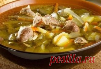 Рассольник с куриными сердечками