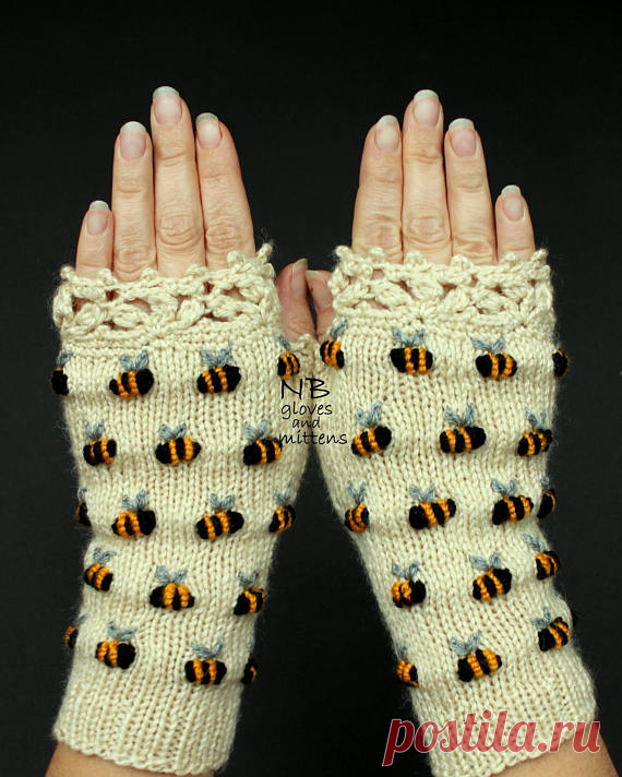 Ivory Hand Knitted Fingerless Gloves With Bees Embroidery