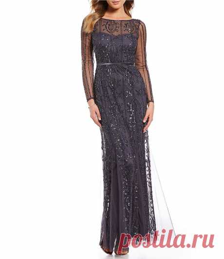 Adrianna Papell Sheer Beaded Gown | Dillards