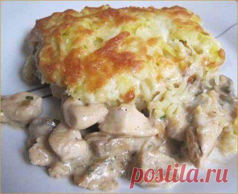 Курица с грибами под картофельной шубой | Домашняя кулинария