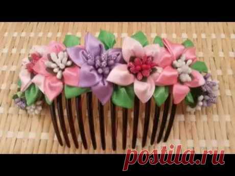 Гребень на голову с цветами канзаши DIY