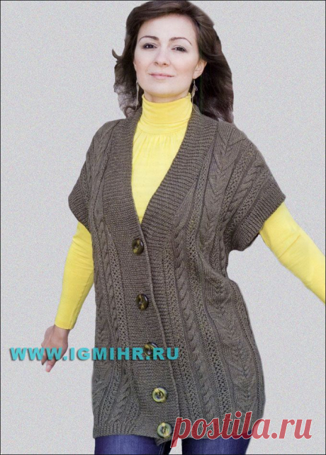 Комфортно и тепло! Большие размеры. Удлиненный жилет с вертикалями выразительных рельефов. Спицы