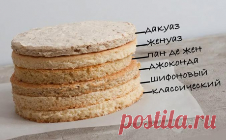 Виды бисквитов: Классический, Шифоновый, Женуаз, Дакуаз, Джоконда, Пан де жён