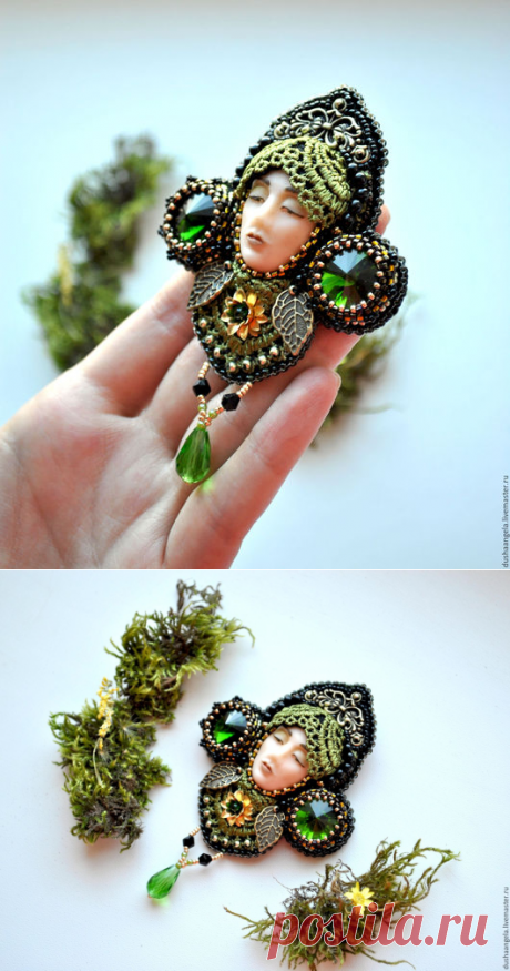 Купить брошь из бисера "Хранительница весеннего леса" - зеленый, брошь, брошь ручной работы
