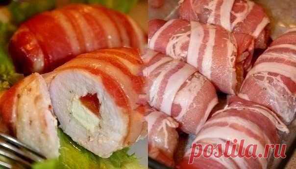 Лучшие кулинарные рецепты: Рулетики из куриного филе с сыром "Фета" и помидорами, в беконе