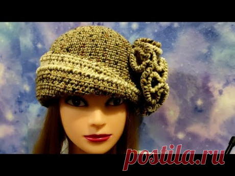 Шапка с асимметричной двойной отделкой и цветком крючком.  Шапочка, подробный М.К.