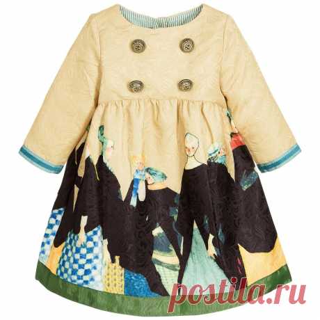 Pan Con Chocolate - Girls Gold Dress with Figure Print | Childrensalon