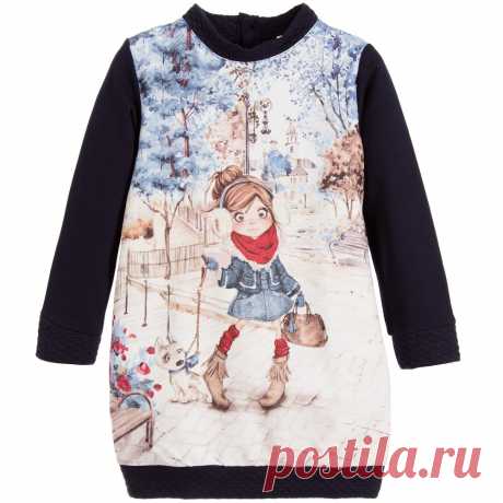 Mayoral - Navy Blue Cotton Jersey Dress with Girl Print | Childrensalon