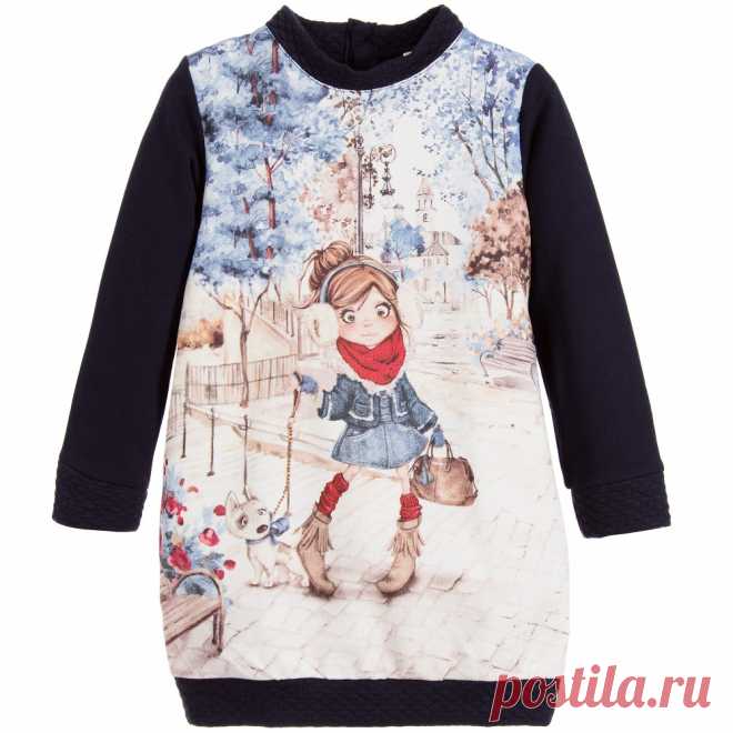 Mayoral - Navy Blue Cotton Jersey Dress with Girl Print | Childrensalon