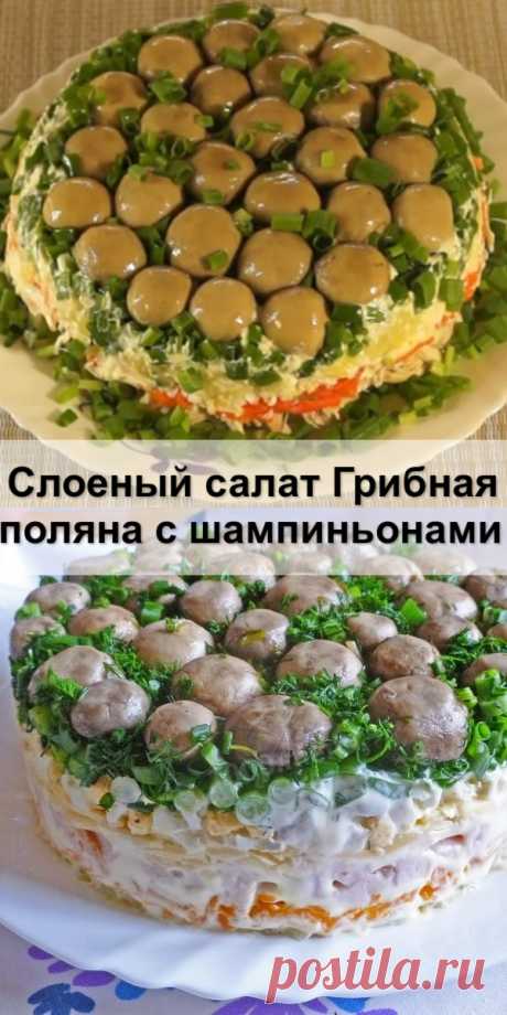 Слоеный салат «Грибная поляна» с шампиньонами - Женский сайт Сегодня я хочу поделиться с вами классическим видео рецептом слоеного салата «Грибная...