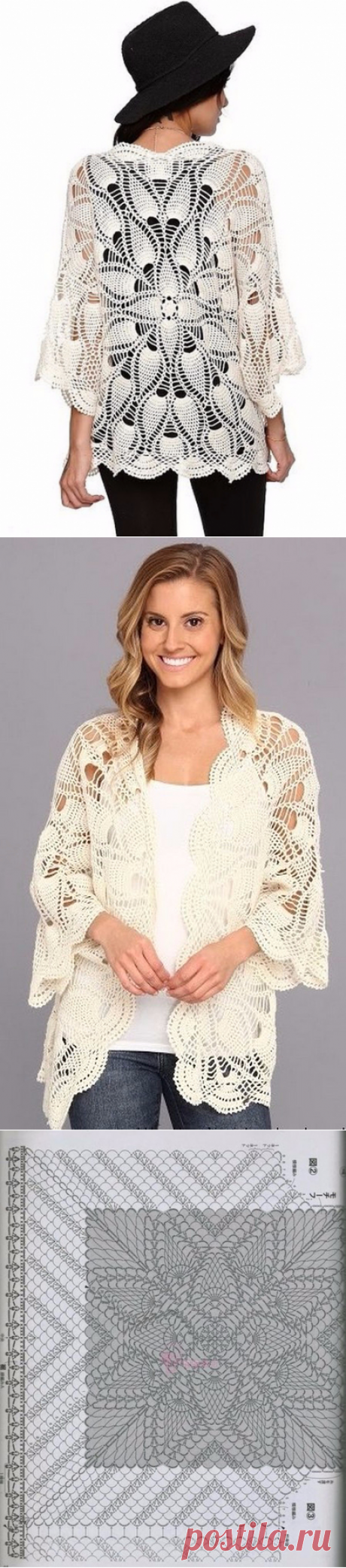 Pineapple crochet jacket scheme. White jacket is made crochet openwork pattern |
