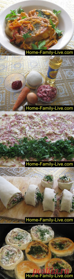 Гусарики - пошаговый фоторецепт - рулет из теста с мясным фаршем в соуКулинарные рецепты