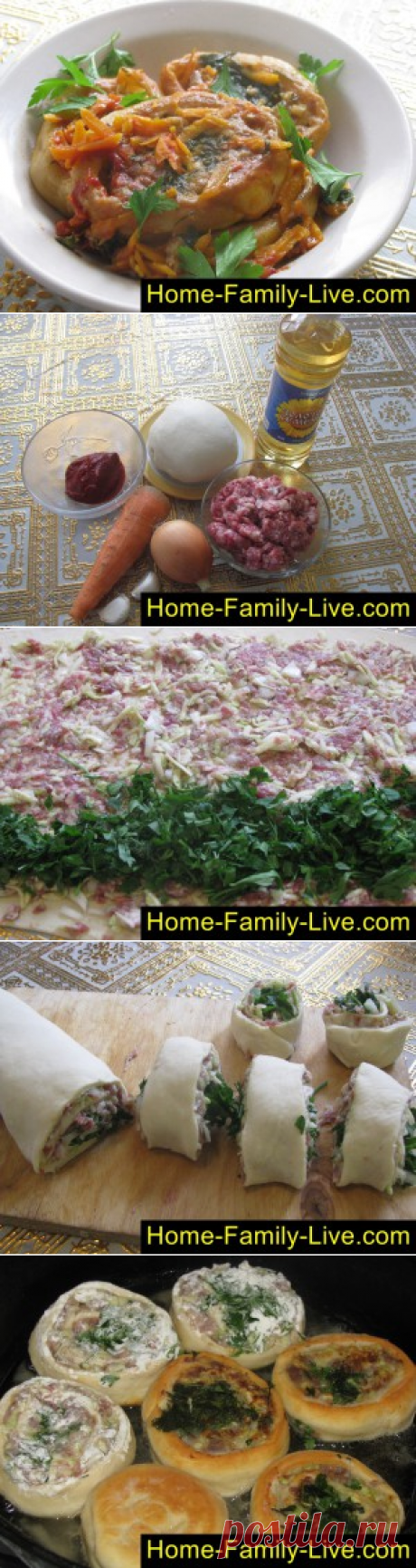 Гусарики - пошаговый фоторецепт - рулет из теста с мясным фаршем в соуКулинарные рецепты