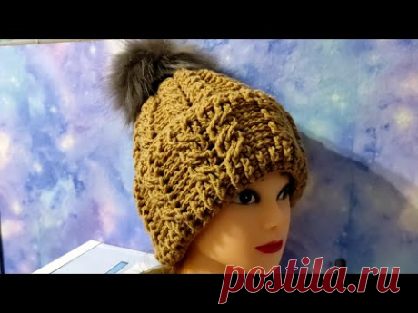 Шапочка ,,косами,, крючком. Шапка с фиксированным отворотом крючком.