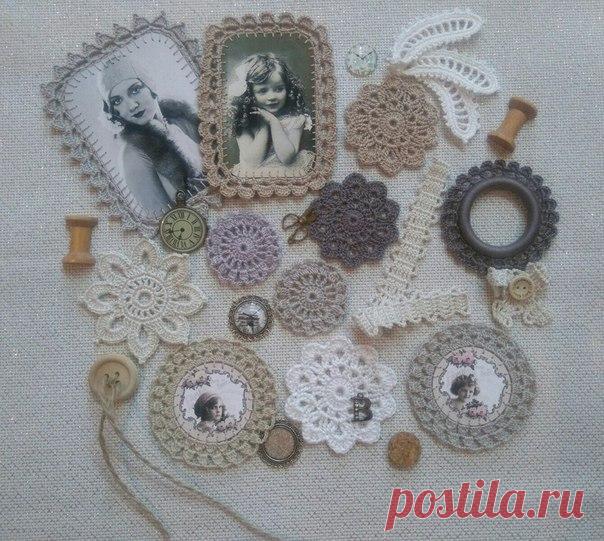 Очень люблю стиль винтаж. Коллекция связана тонким крючком их хлопчатобумажных ниток. Подойдет для оформления альбома в винтажном стиле. Некоторые элементы связаны с метанитом.